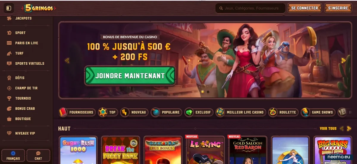 Interface du casino en ligne 5 Gringos